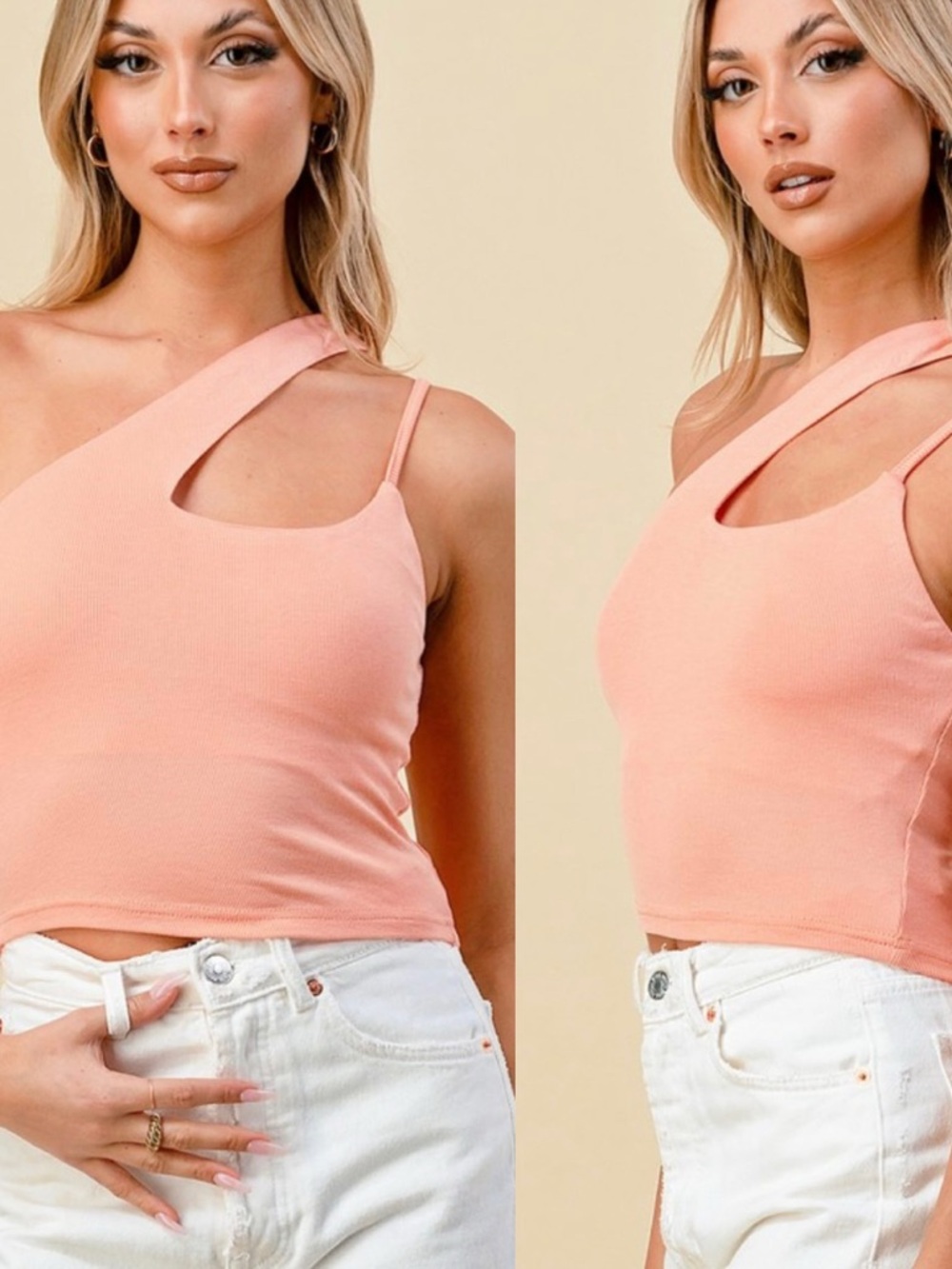 Asymmetrical Peach One-Shoulder Ribbed Tank Top - Picture 3 of 6